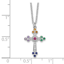 Load image into Gallery viewer, Sterling Silver Rhodium-plated Polished Multi-color CZ Cross Necklace
