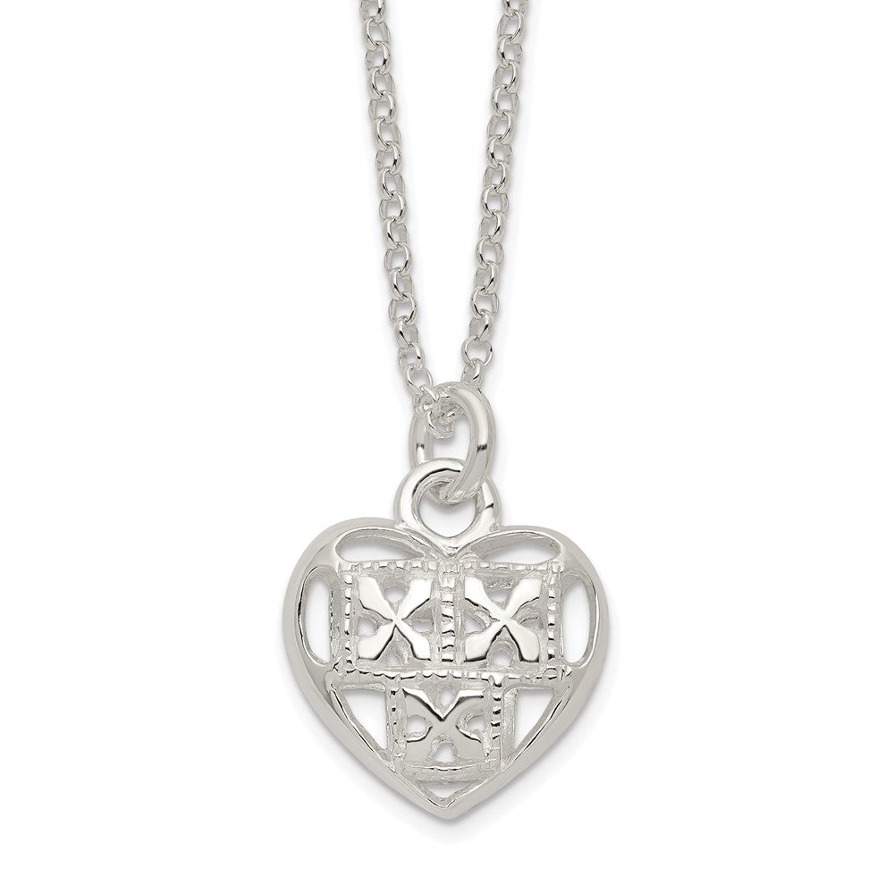 Sterling Silver Polished Hollow Heart w/1.25 in ext Necklace