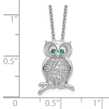Load image into Gallery viewer, Sterling Silver Polished Rhodium-plated Green/Clear CZ Owl 18in Necklace
