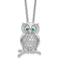 Load image into Gallery viewer, Sterling Silver Polished Rhodium-plated Green/Clear CZ Owl 18in Necklace
