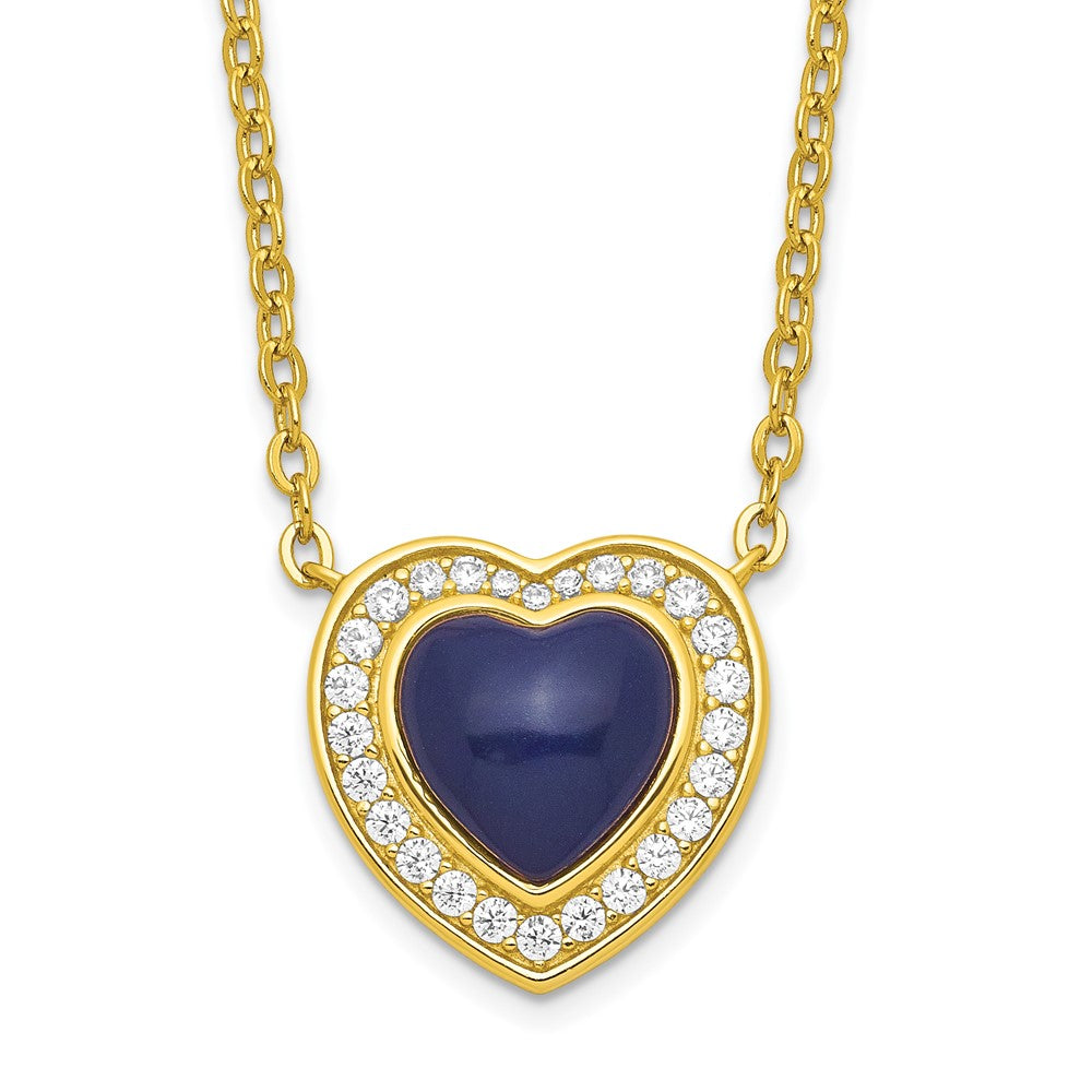 Sterling Silver Gold-tone CZ & Created Lapis Lazuli Heart w/2in ext Necklac