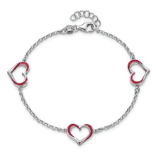 Load image into Gallery viewer, Sterling Silver Rhodium-plated Red Enamel 3-Heart w/.5 in Ext Bracelet
