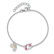 Load image into Gallery viewer, Sterling Silver Rhod-plate Enamel Unicorn/Rainbow 5.75 in Plus 1in ext. Bra
