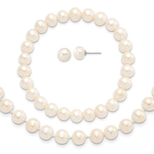 Load image into Gallery viewer, Sterling Silver Rh-p 7-8mm White FWC Pearl Earring Bracelet Necklace Set

