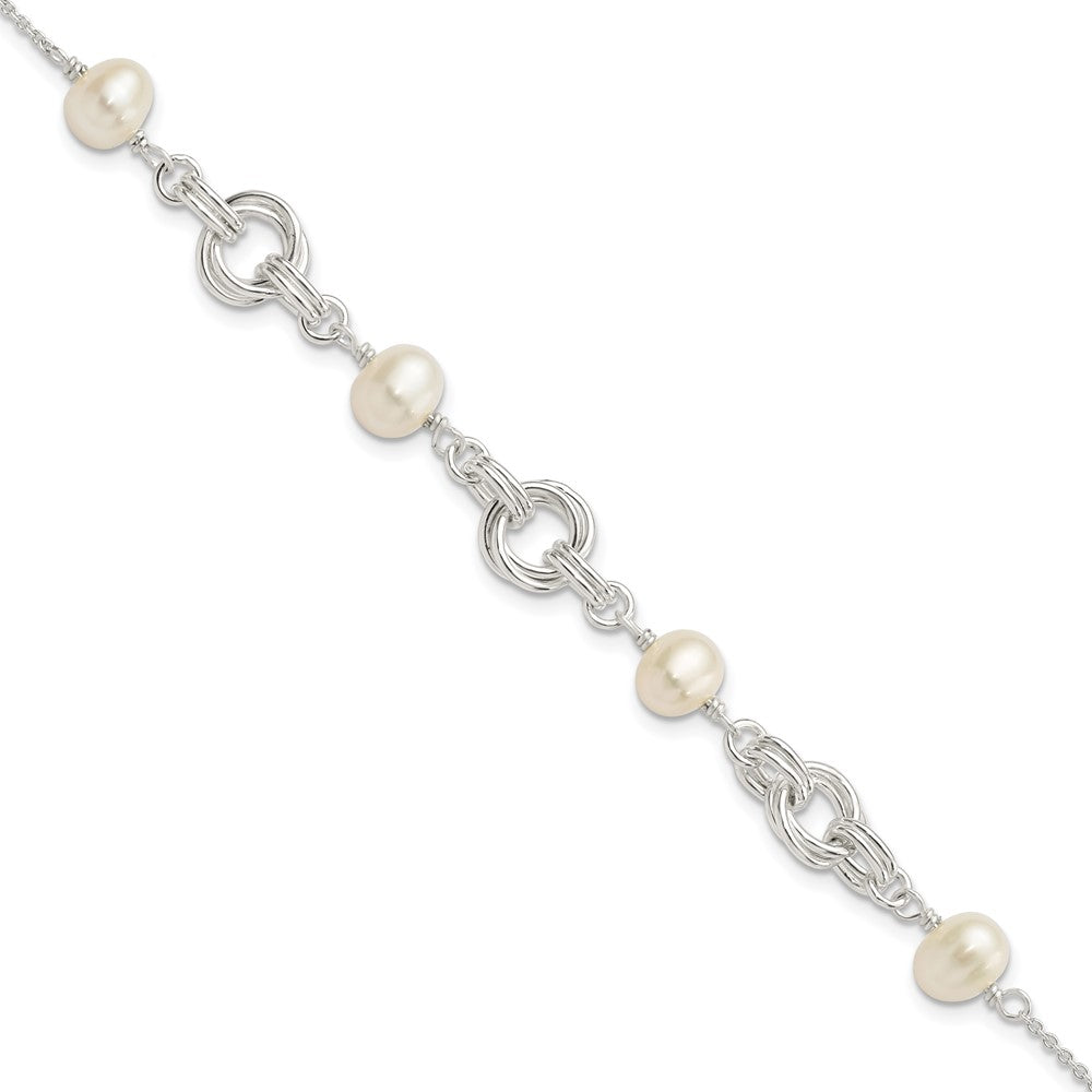 Sterling Silver Polished Glass Pearl w/ 1 in ext. Bracelet