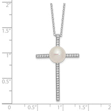 Load image into Gallery viewer, Sterling Silver Rhodium-plated 8-9mm Button FWC Pearl CZ Cross Necklace
