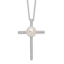 Load image into Gallery viewer, Sterling Silver Rhodium-plated 8-9mm Button FWC Pearl CZ Cross Necklace
