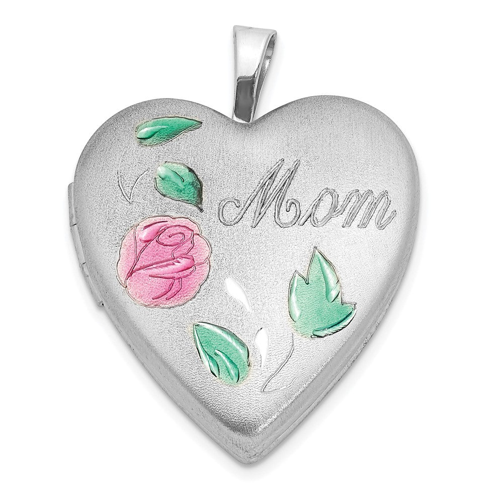 Sterling Silver Rhodium-plated Enameled Flower w/ Mom 20mm Heart Locket