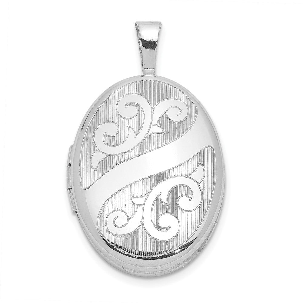 Sterling Silver Rhodium-plated Scroll Design 19x15mm Oval Locket