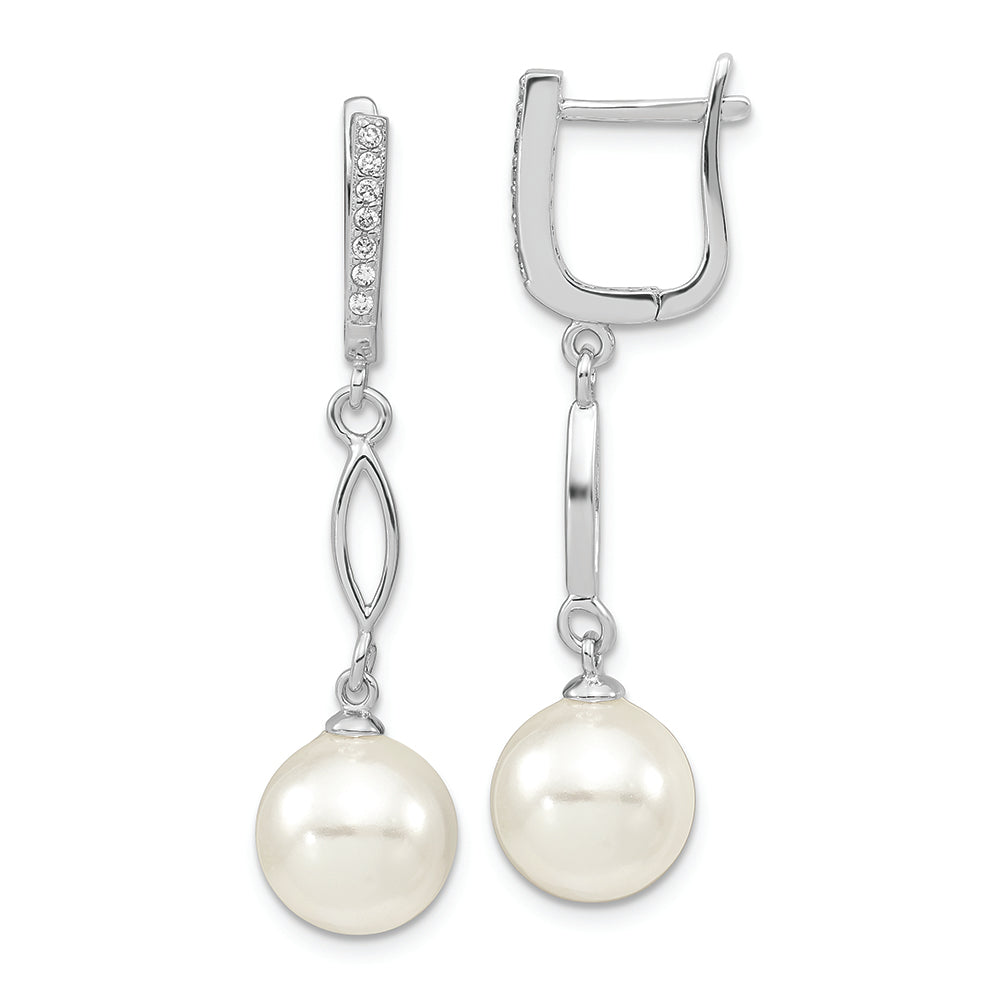 Sterling Silver Majestik Rh-pl 10-11mm Wht Imit. Shell Pearl CZ Hoop Earrin