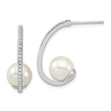 Load image into Gallery viewer, Sterling Silver Majestik Rh-pl 8-9mm Wht Imit. Shell Pearl CZ J-Hoop Earrin
