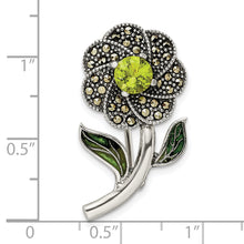 Load image into Gallery viewer, Sterling Silver Antiqued Enamel Marcasite and Green Glass Stone Flower Pin
