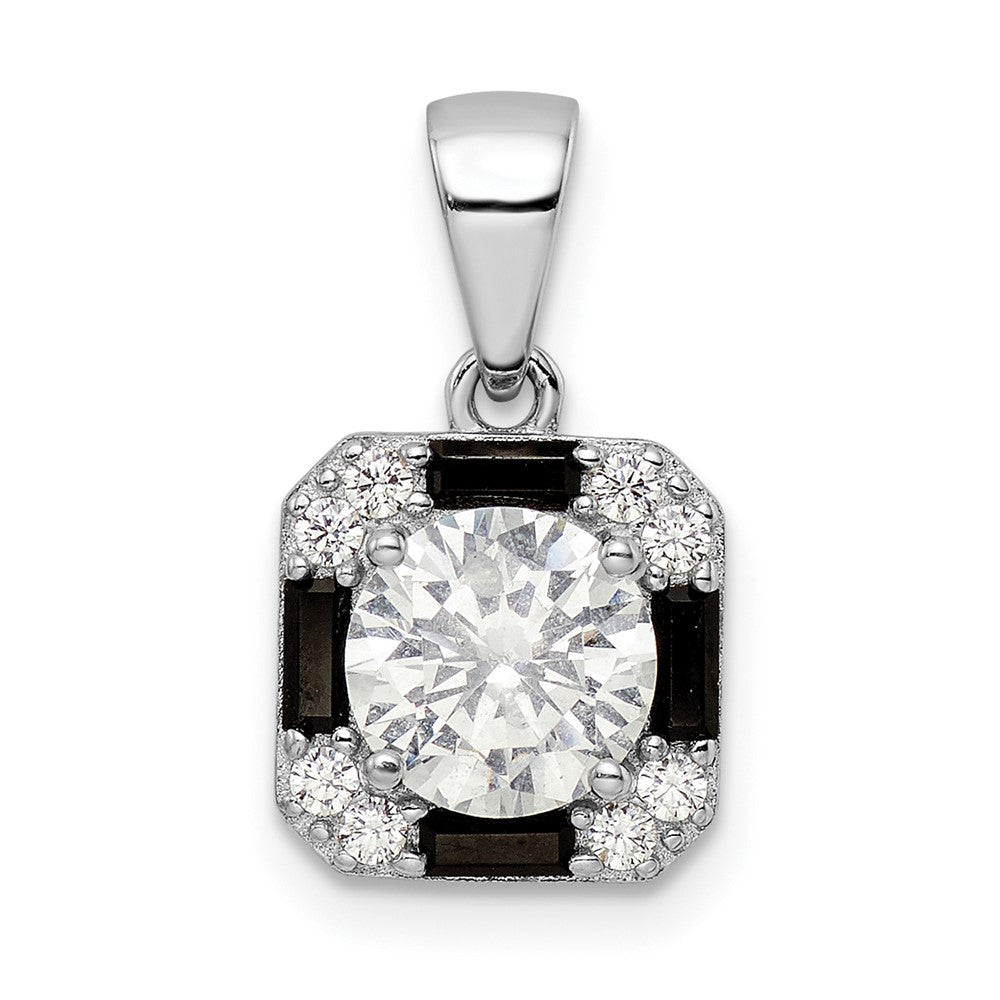 Sterling Silver Rhodium-plated CZ & Black Nano Crystal Square Pendant