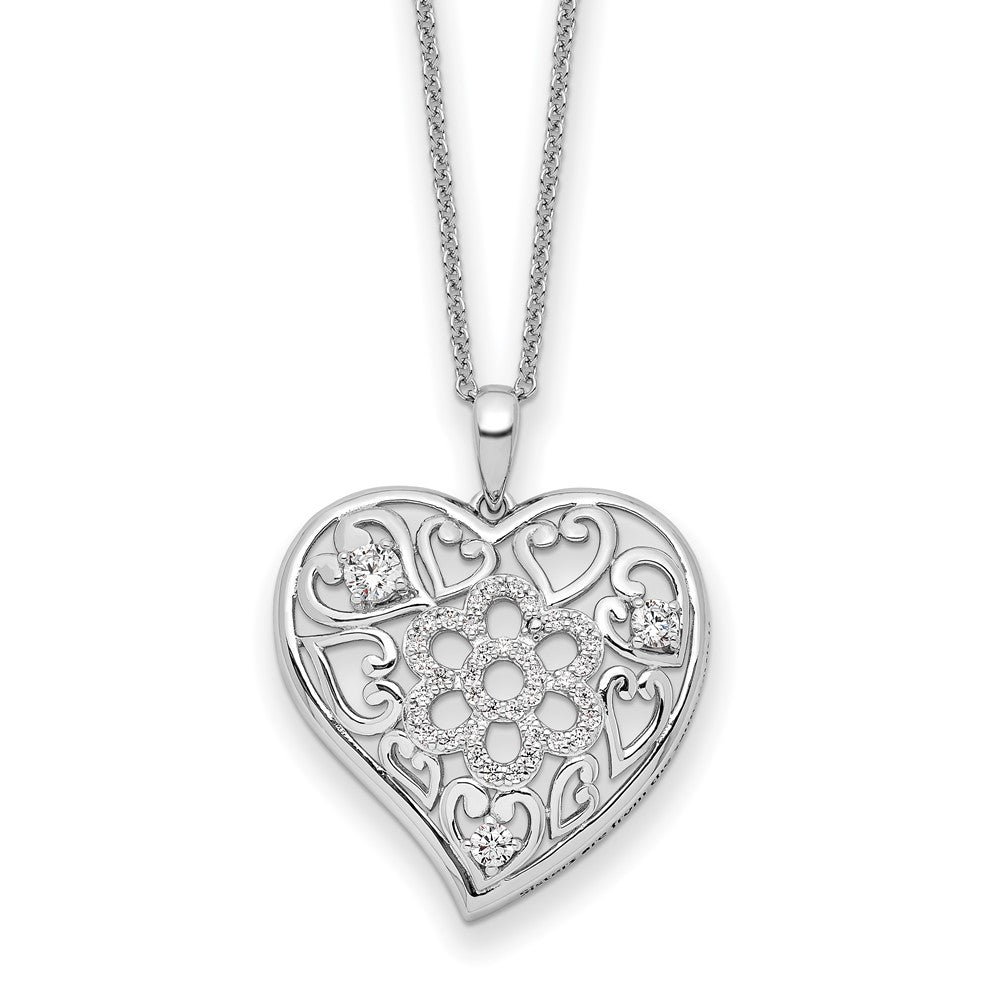 Sterling Silver CZ Antiqued Sisterhood Flower Heart 18in Necklace