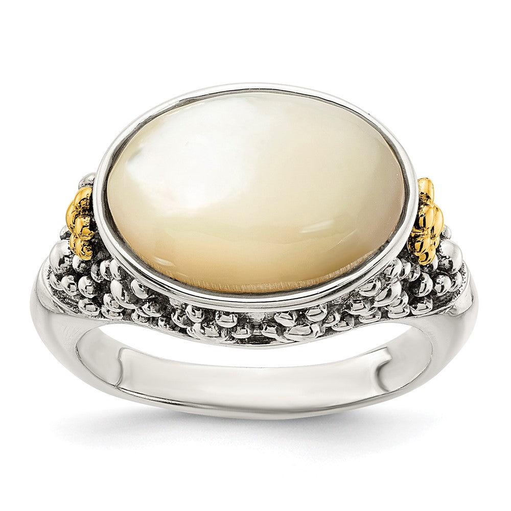 Sterling Silver w/14k Accent Floral Oval Mother Of Pearl Ring
