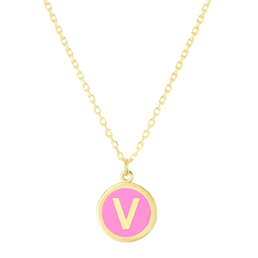 14K Pink Enamel V Initial Necklace
