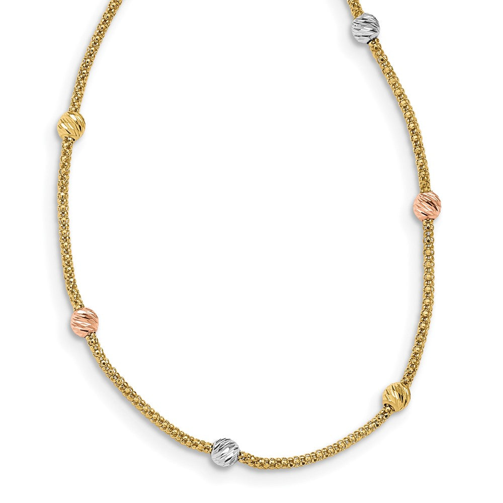 14k Tri-color Diamond-cut 9-Station Bead and Chain Necklace