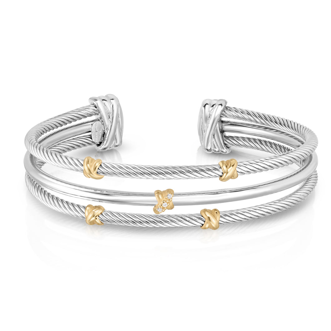 Three Row Abraccio Cuff with Diamonds in Sterling Silver & 18K Gold