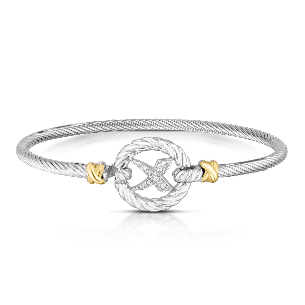 Sterling Silver & 18K Gold Diamond Italian Cable 'X' Bangle