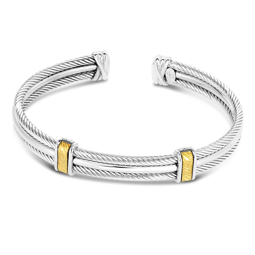 Sterling Silver, 18K Gold Triple Strand Cable Men's Cuff