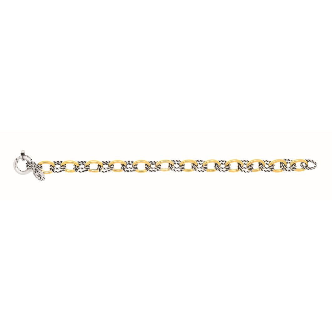 Sterling Silver & 18K Gold Italian Cable Textured Oval Link Bracelet