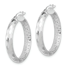 Load image into Gallery viewer, 14K White Gold Polished and Textured Diamond-cut Inside Fancy Hoop Earrings
