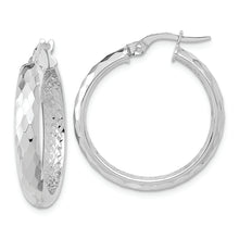 Load image into Gallery viewer, 14K White Gold Polished and Textured Diamond-cut Inside Fancy Hoop Earrings
