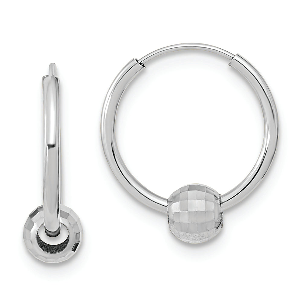 14K White Gold Polished Hoop with a Diamond Cut Ball Earrings