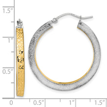 Load image into Gallery viewer, 14K White Gold Yellow Rhodium Polished Brushed Diamond-cut Hoop Earrings
