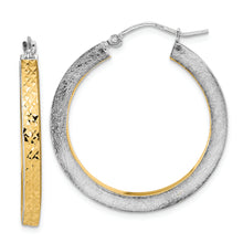 Load image into Gallery viewer, 14K White Gold Yellow Rhodium Polished Brushed Diamond-cut Hoop Earrings
