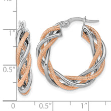 Load image into Gallery viewer, 14K White Gold Rose Rhodium Polished and Textured Twisted Hoop Earrings
