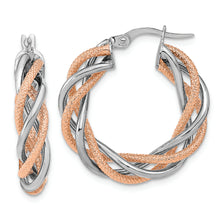 Load image into Gallery viewer, 14K White Gold Rose Rhodium Polished and Textured Twisted Hoop Earrings
