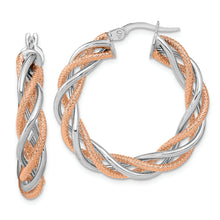 Load image into Gallery viewer, 14K White Gold Rose Rhodium Polished and Textured Twisted Hoop Earrings
