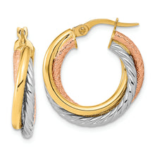Load image into Gallery viewer, 14K w/White and Rose Rhodium Polished and Textured Hoop Earrings

