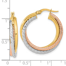 Load image into Gallery viewer, 14K w/White and Rose Rhodium Polished and Textured Hoop Earrings

