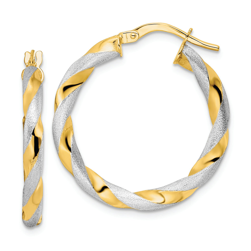 14K w/White Rhodium Brushed and Polished Twisted Hoop Earrings