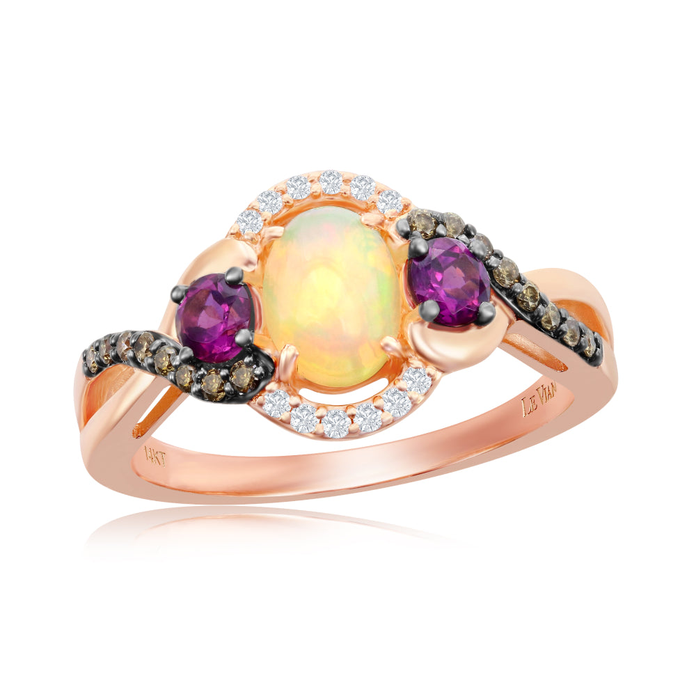 Le Vian Chocolatier� Ring featuring 1/2 cts. Neopolitan Opal?, 3/8 cts. Raspberry Rhodolite�, 1/8 cts. Chocolate Diamonds�, 1/20 cts. Vanilla Diamonds� set in 14K Strawberry Gold�