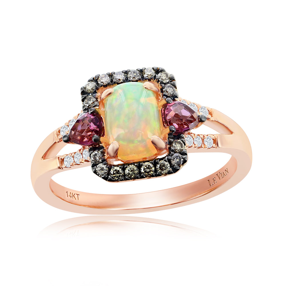 Le Vian Chocolatier� Ring featuring 1/2 cts. Neopolitan Opal?, 1/3 cts. Raspberry Rhodolite�, 1/8 cts. Chocolate Diamonds�, 1/20 cts. Vanilla Diamonds� set in 14K Strawberry Gold�
