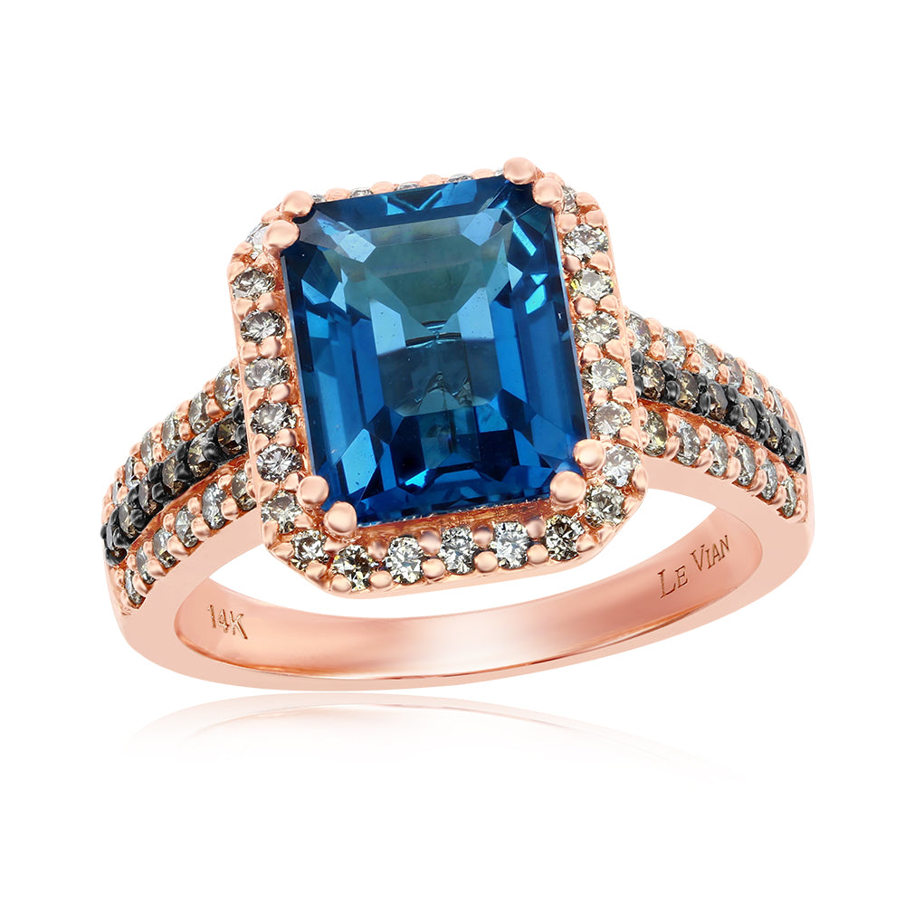 Le Vian� Ring featuring 3 1/2 cts. Deep Sea Blue Topaz�, 1/2 cts. Nude Diamonds�, 1/10 cts. Chocolate Diamonds� set in 14K Strawberry Gold�