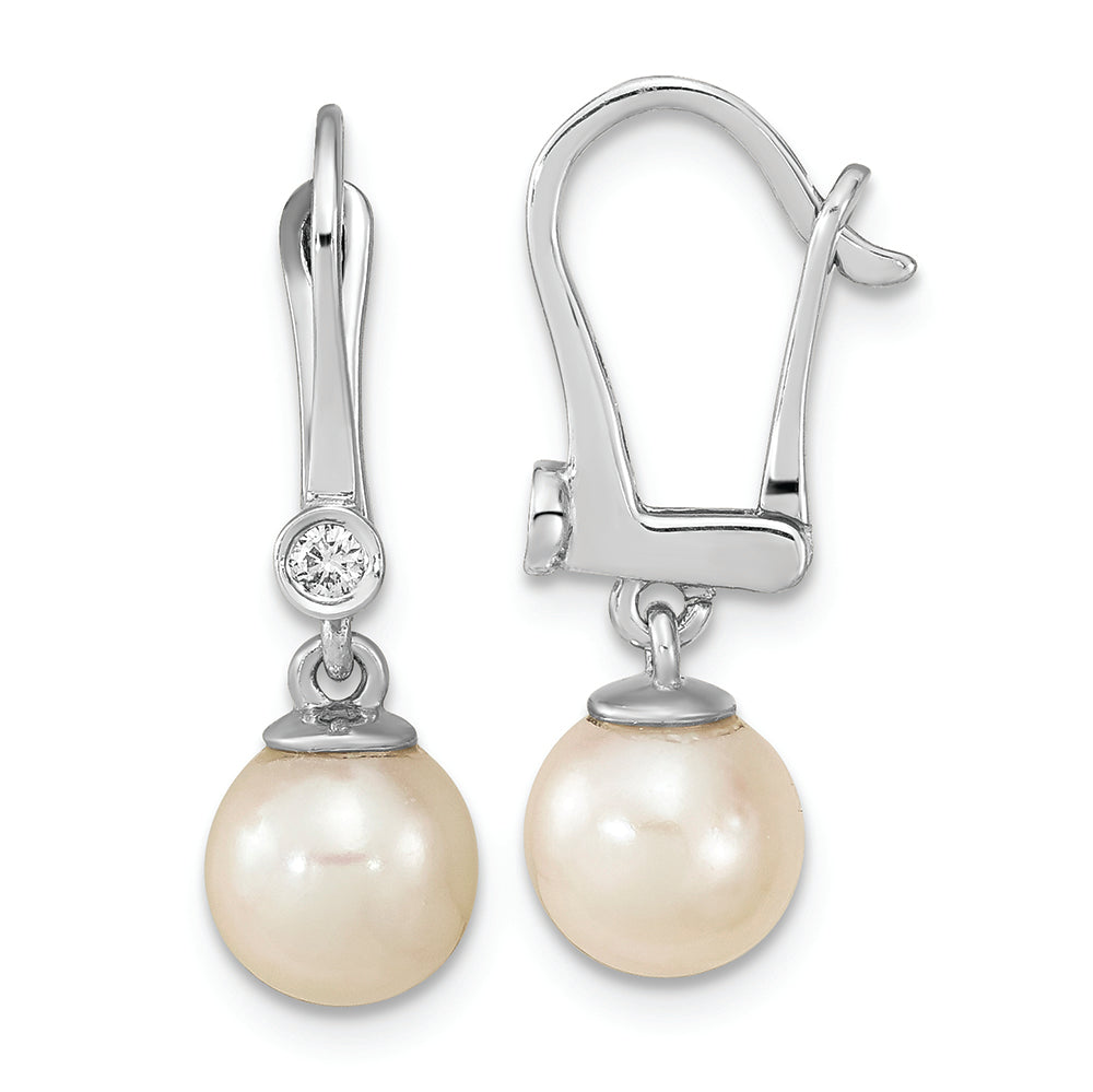 14K White Gold 7-8mm Round White Saltwater Akoya Pearl .05ct Dia. Dangle Ea