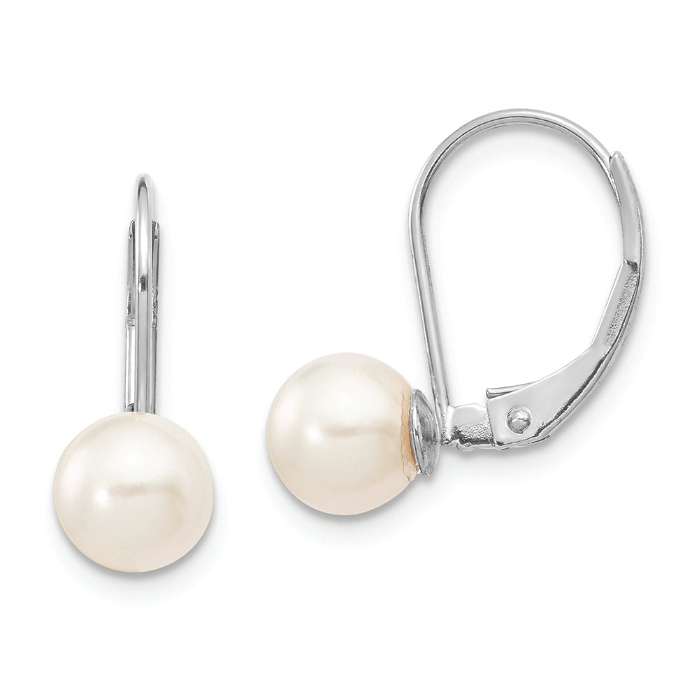 14K White Gold 6-7mm Round White Akoya Pearl Leverback Earrings