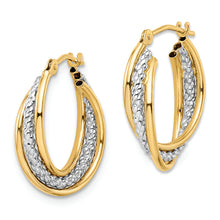 Load image into Gallery viewer, 14k w/ White Rhodium Polished Textured Hoops
