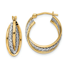 Load image into Gallery viewer, 14k w/ White Rhodium Polished Textured Hoops
