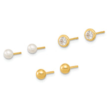 Load image into Gallery viewer, 14K Polished Set of Ball Post Pearl and CZ Bezel 3 Pair Earrings Set
