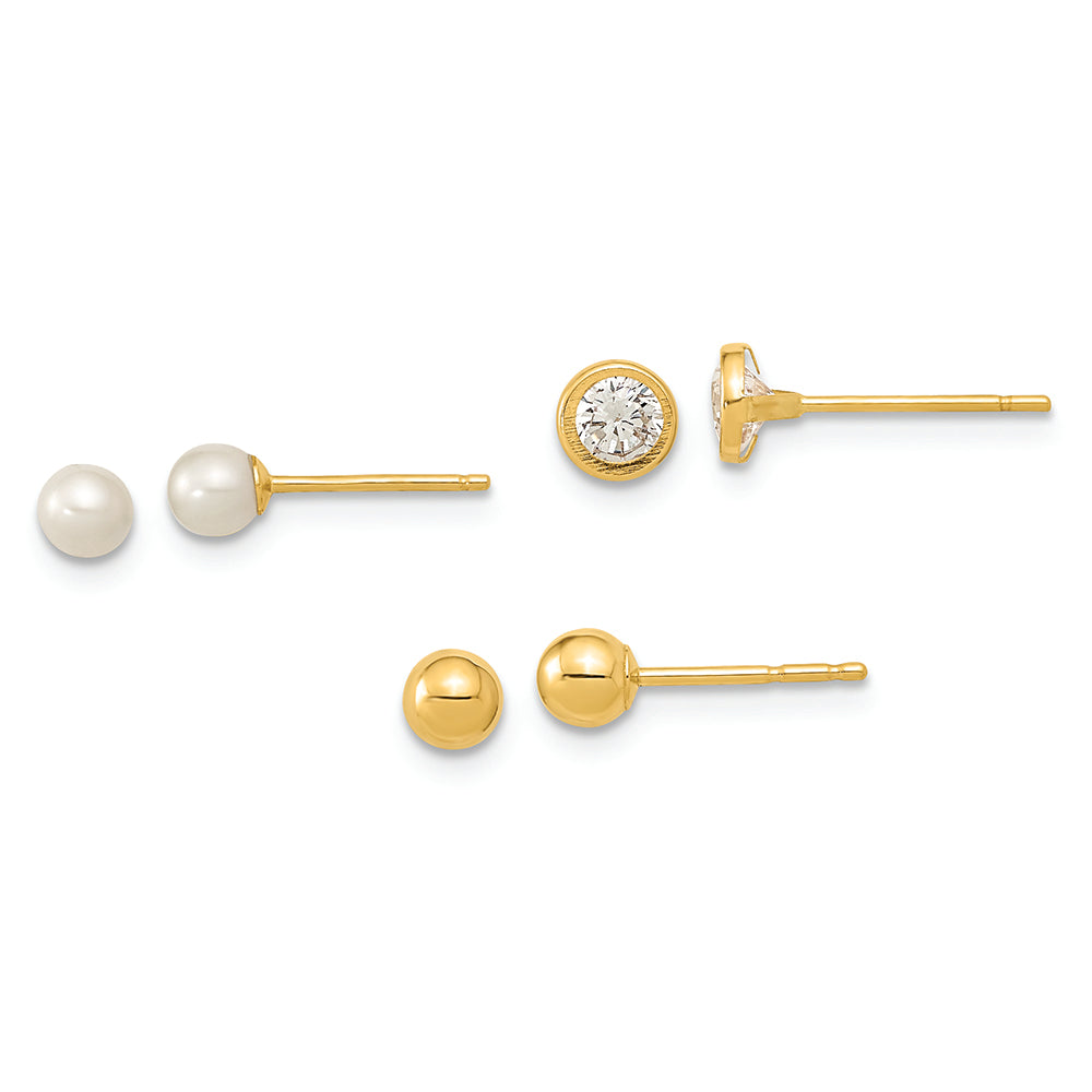 14K Polished Set of Ball Post Pearl and CZ Bezel 3 Pair Earrings Set