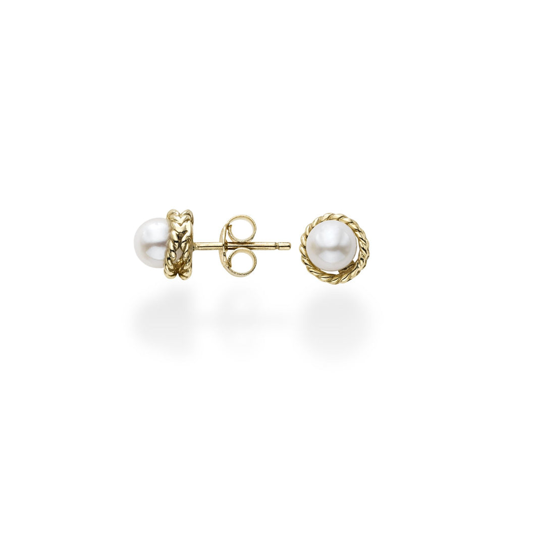 14K Gold Italian Cable Pearl Stud Earrings