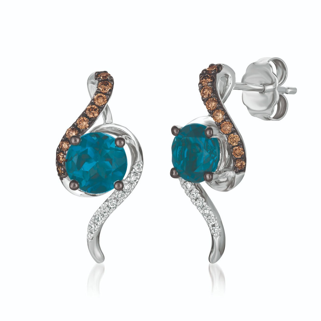 Le Vian Chocolatier� Earrings featuring 1 5/8 cts. Deep Sea Blue Topaz�, 1/6 cts. Chocolate Diamonds�, 1/20 cts. Vanilla Diamonds� set in 14K Vanilla Gold�